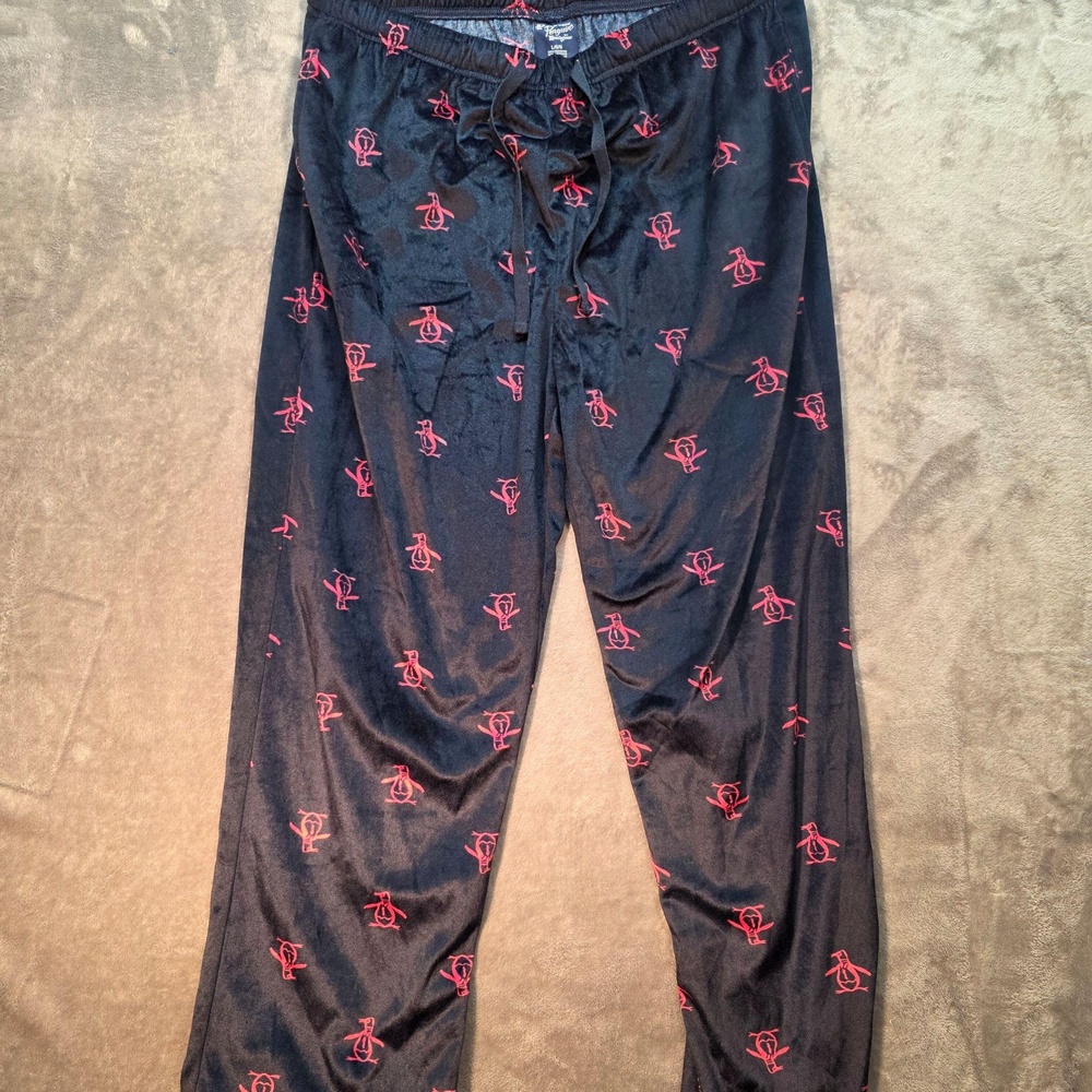 Original Penguin Pajama Pants Mens L‎ Blue Velour Logo Print Drawstring Lounge